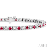 2.5 MM Ruby and 1 1/2 Ctw Round Cut Diamond Square Box Link Precious Tennis Bracelet in 14K White Gold